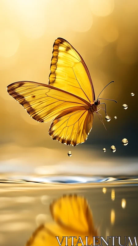 Golden butterfly glides above sunlit water in gentle light