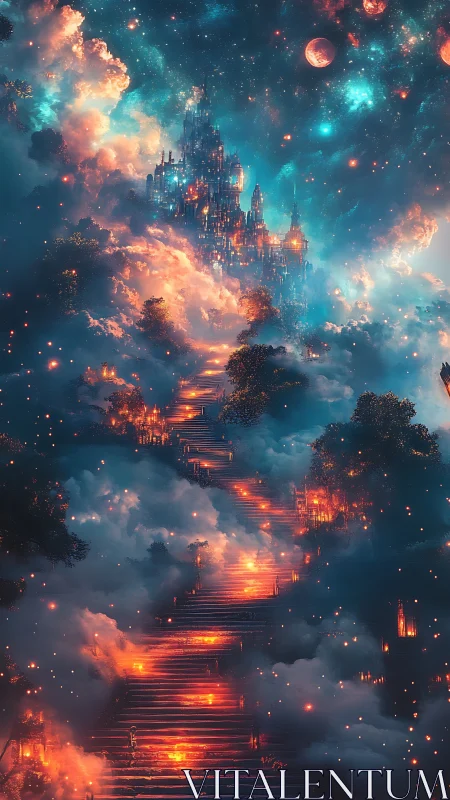 Fantasy celestial staircase ascending to luminous sky citadel.