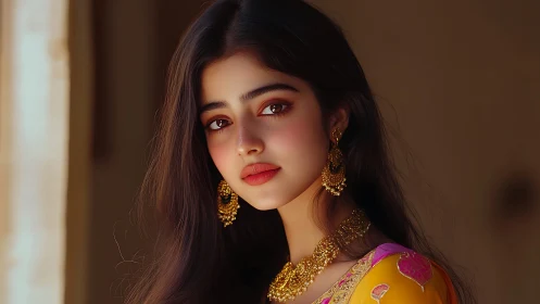 Golden gaze in silk: luminous portrait of jeweled grace.