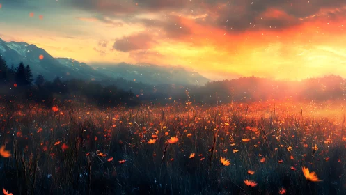 Fiery sunset ignites wildflower field beneath distant mountains.