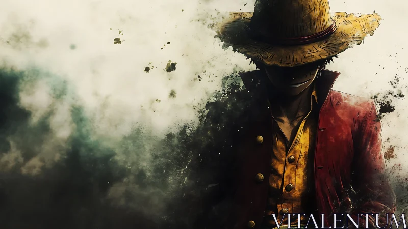 Straw-hatted drifter emerges from swirling smoke and shadow.