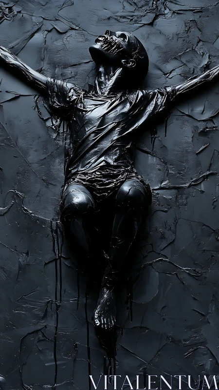 Monochrome human relief submerged in viscous black sculptural medium