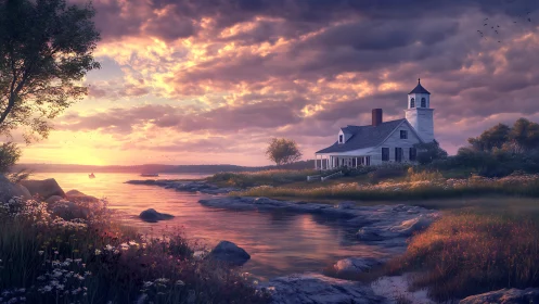 Coastal cottage under warm sunset sky by calm inlet.