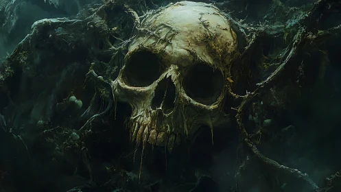 Skull entangled in roots within misty cryptic darkness.