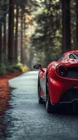 Red supercar tail on wet forest road with soft bokeh light.