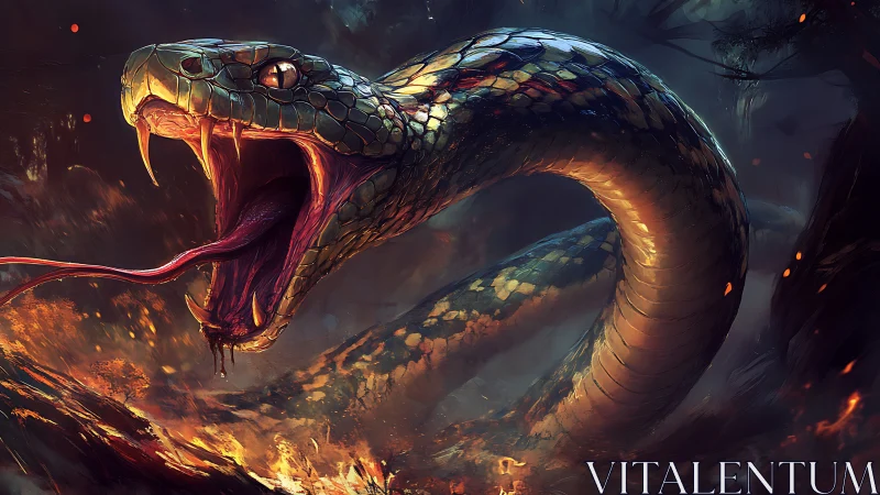Gigantic firelit serpent lunging with flared fangs and embers