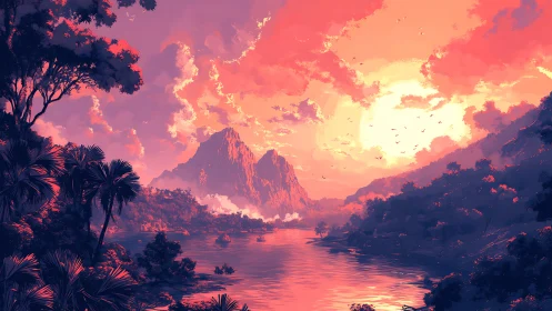 Dreamy tropical sunset over tranquil misty mountains.