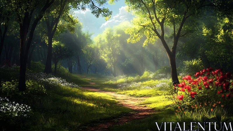Sunlit Forest Path with Wildflowers in Lush Digital Painting.