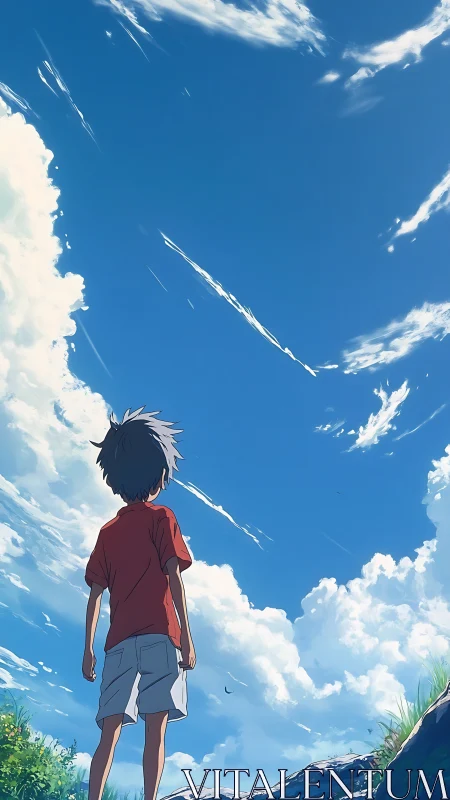 Backlit child observing stratocumulus sky from low vantage point.