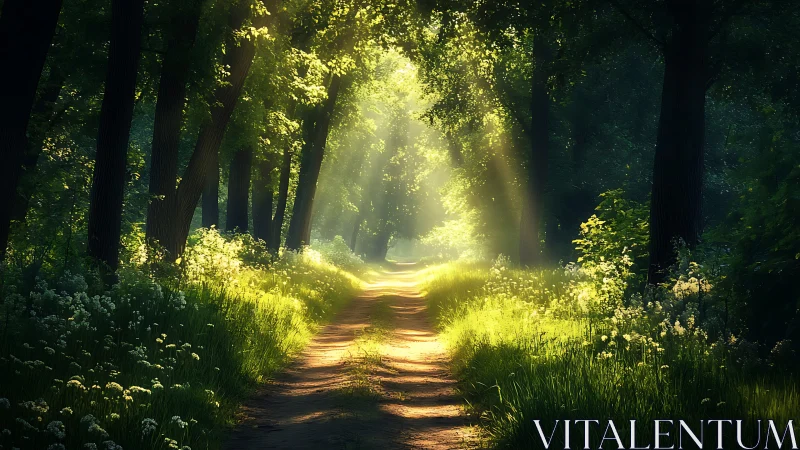 Serene forest pathway illuminated by golden morning sunlight, realistic style.