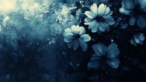 Blue cosmos blooms drift through ethereal mist.