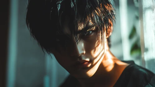 Moody sunlight and sharp eyes in a quiet, shadowed room.