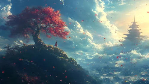 Solitary dreamer beneath scarlet tree, watching sky temples.