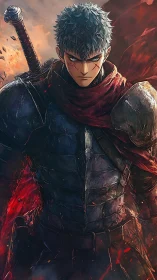 Brooding blade guardian in ember-scorched war armor.