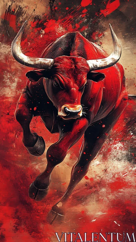 Powerful red bull charging forward in a rush of energy.