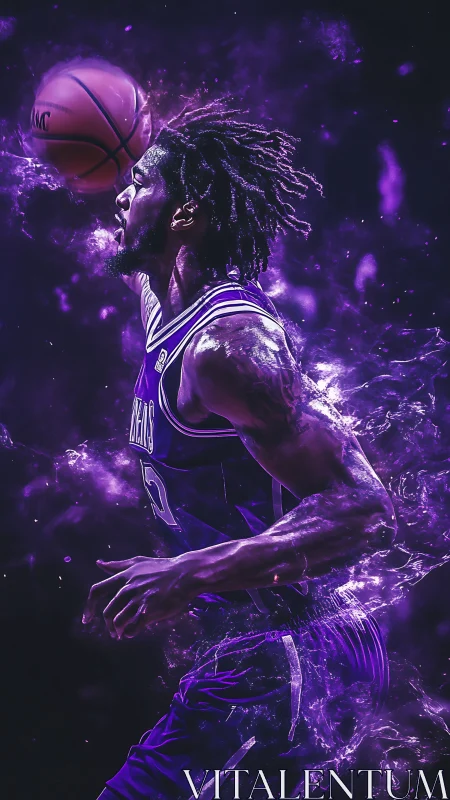 Dynamic purple energy trail around driving basketball player