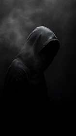 Hooded figure in low key lighting with smoke on dark background.