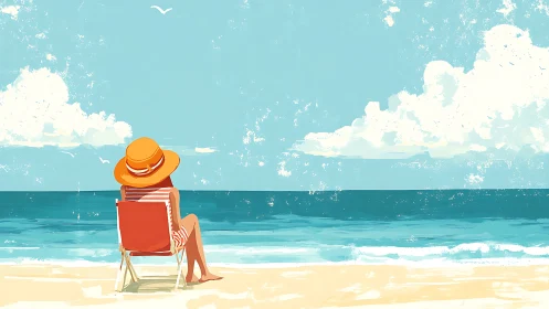 Woman in striped dress relaxes on bright summer beach.