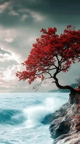 Scarlet cliffside tree defies stormy turquoise sea below.