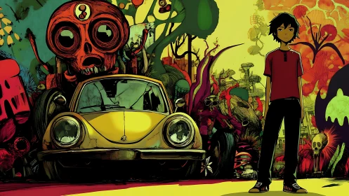 Teen figure beside yellow car in surreal urban landscape.