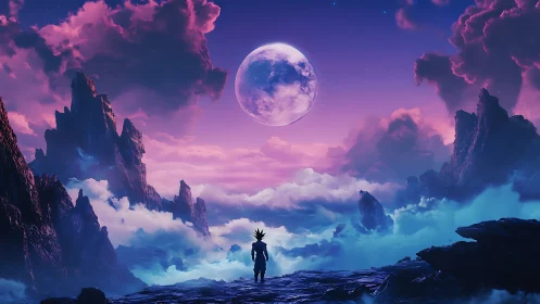 Lone spiky‑haired figure in neon lunar fantasy mountainscape