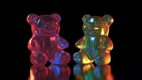 Vibrant gummy bear candies in glossy 3D digital art style.