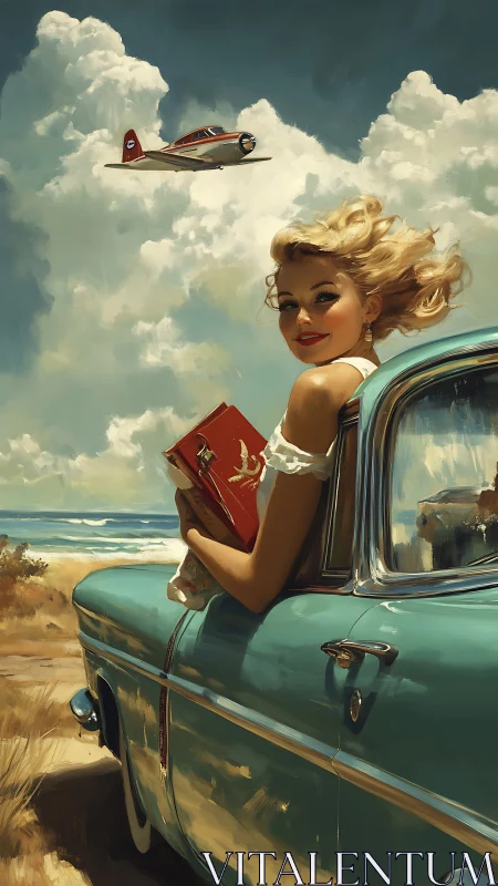 Woman with book by turquoise car near coast under aircraft.