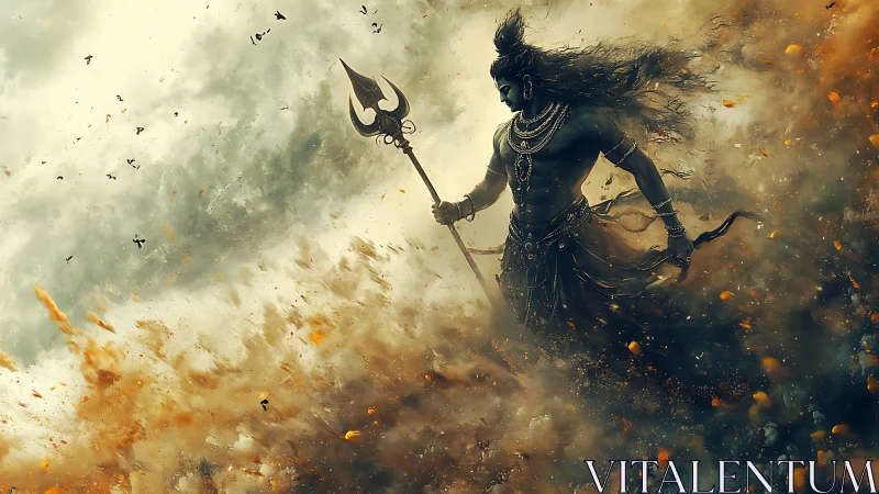 Mythic warrior holding trident strides through swirling storm