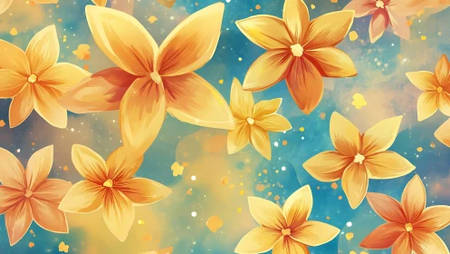 Golden Flowers Bloom Against Turquoise Cosmic Sky.