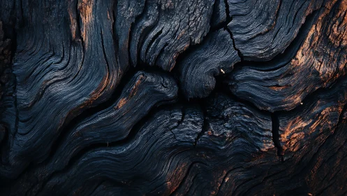 Close-up of charred twisted wood grain with deep texture.