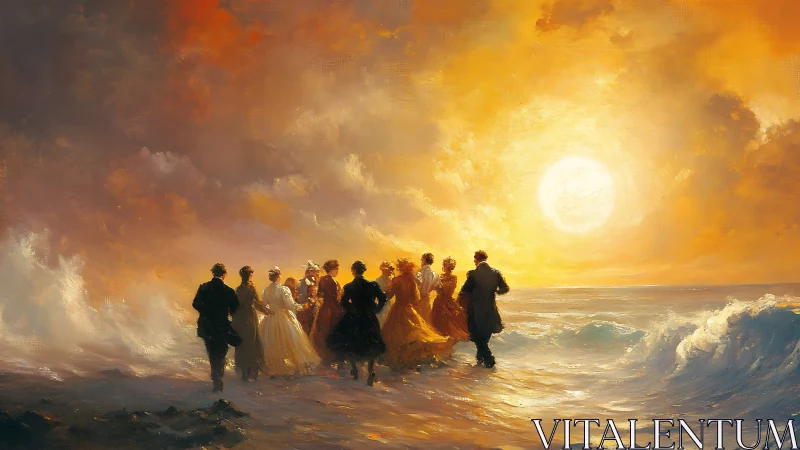 Victorian figures on shoreline observing intense sea sunset.