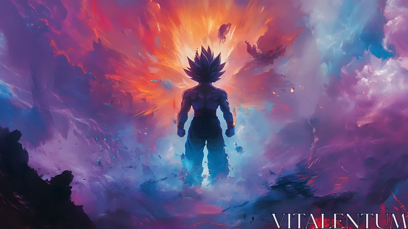 Silhouetted warrior before radial energy burst in clouds.