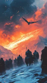 Armored figures in snowy pass below burning sky and peaks.
