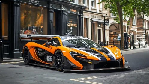 Orange carbon supercar parked on upscale city street