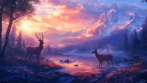 Deer stand in shallow water before distant alpine mountains