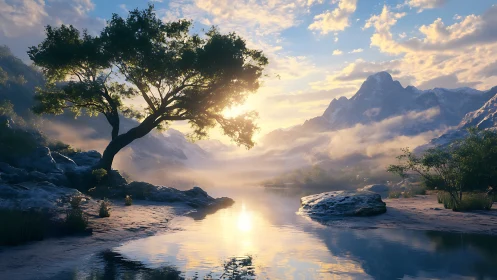 Sunlit alpine river valley under misty mountain peaks.