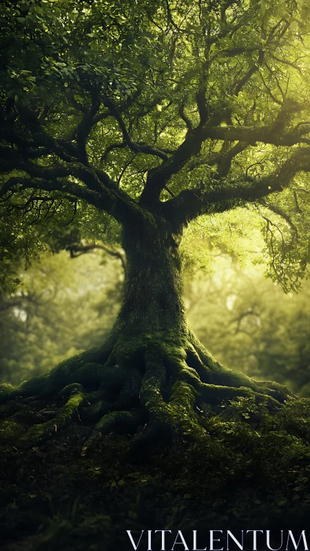 Ancient mossy tree with sprawling roots in golden forest.