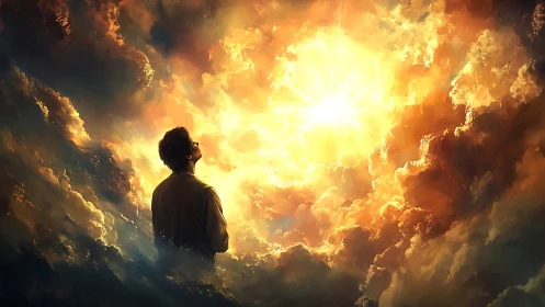 Solitary figure observing intense sunlight within clouds.