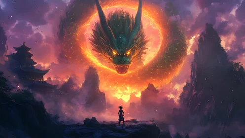 Mythic serpentine dragon vortex over lone warrior at dusk