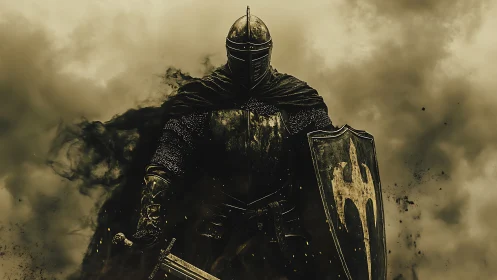 Dark armored knight emerges from swirling battle smoke