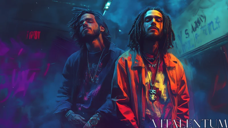 Neon-lit urban portrait uniting dual figures in vapor haze