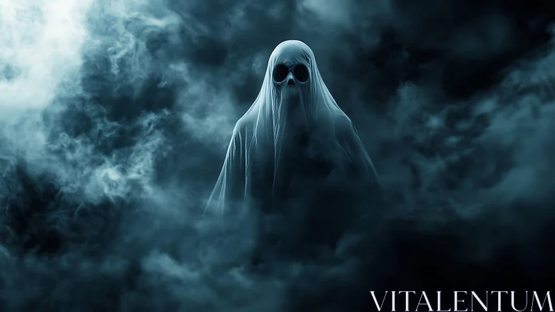 Shrouded specter drifts through midnight fog and eerie silence.