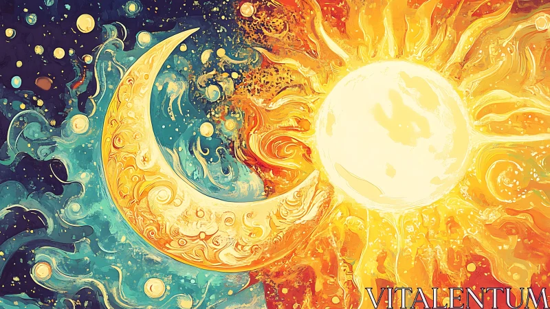 Sun and moon swirl in a glowing dance of day and night.