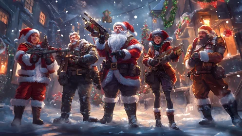 Santa strike squad storms a snowlit festive street at dusk.