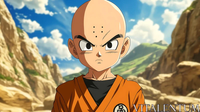 Shaved warrior in orange gi under bright rocky sky backdrop.