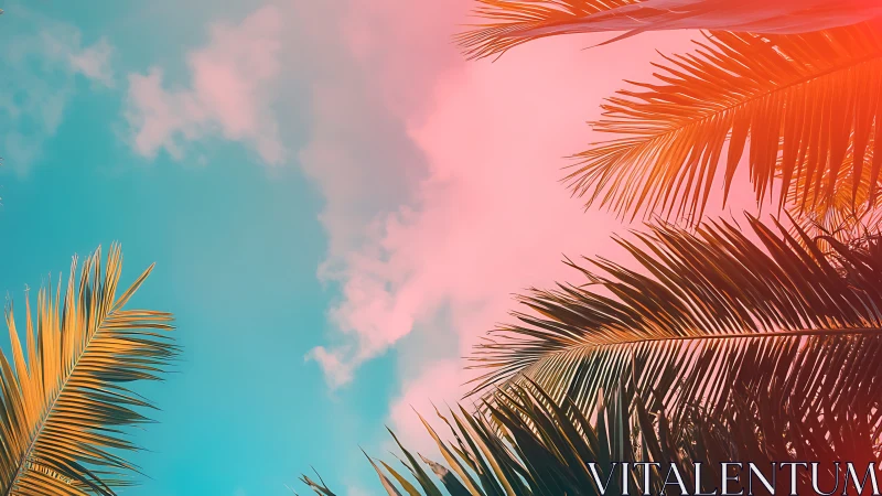 Palm fronds frame a split-tone sky in teal and pink hues