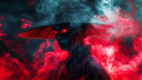 Figure with conical hat stands in red and cyan atmospheric smoke
