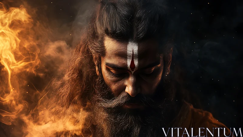 Fire-kissed mystic in meditative shadow between worlds.