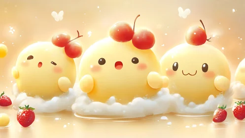 Kawaii custard mascots with cherries in soft pastel lighting.