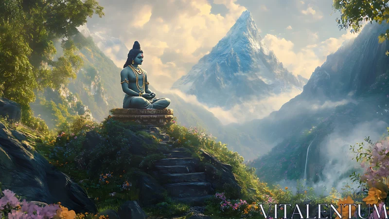 Mountain-breathing valley with meditating blue sage statue.
